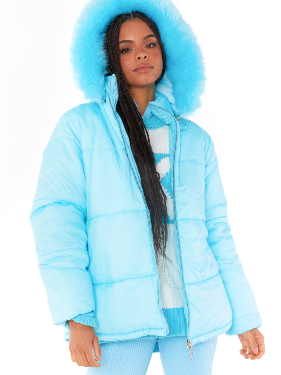 Snowbird Puffer Jacket ~ Powder Blue with Faux Fur