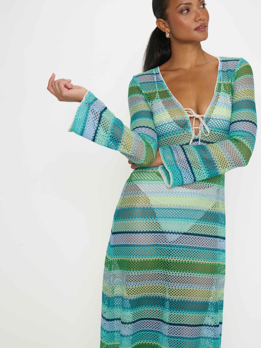 Vacay Coverup ~ Green Multi Stripe Crochet