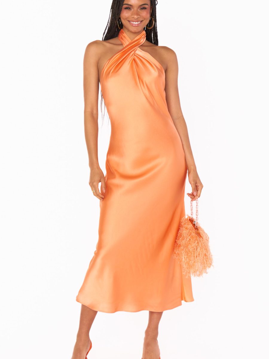 Jasmine Halter Midi Dress ~ Cantaloupe Luxe Satin