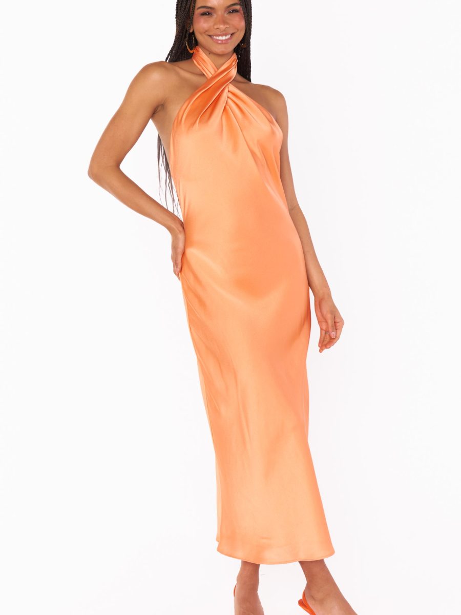 Jasmine Halter Midi Dress ~ Cantaloupe Luxe Satin