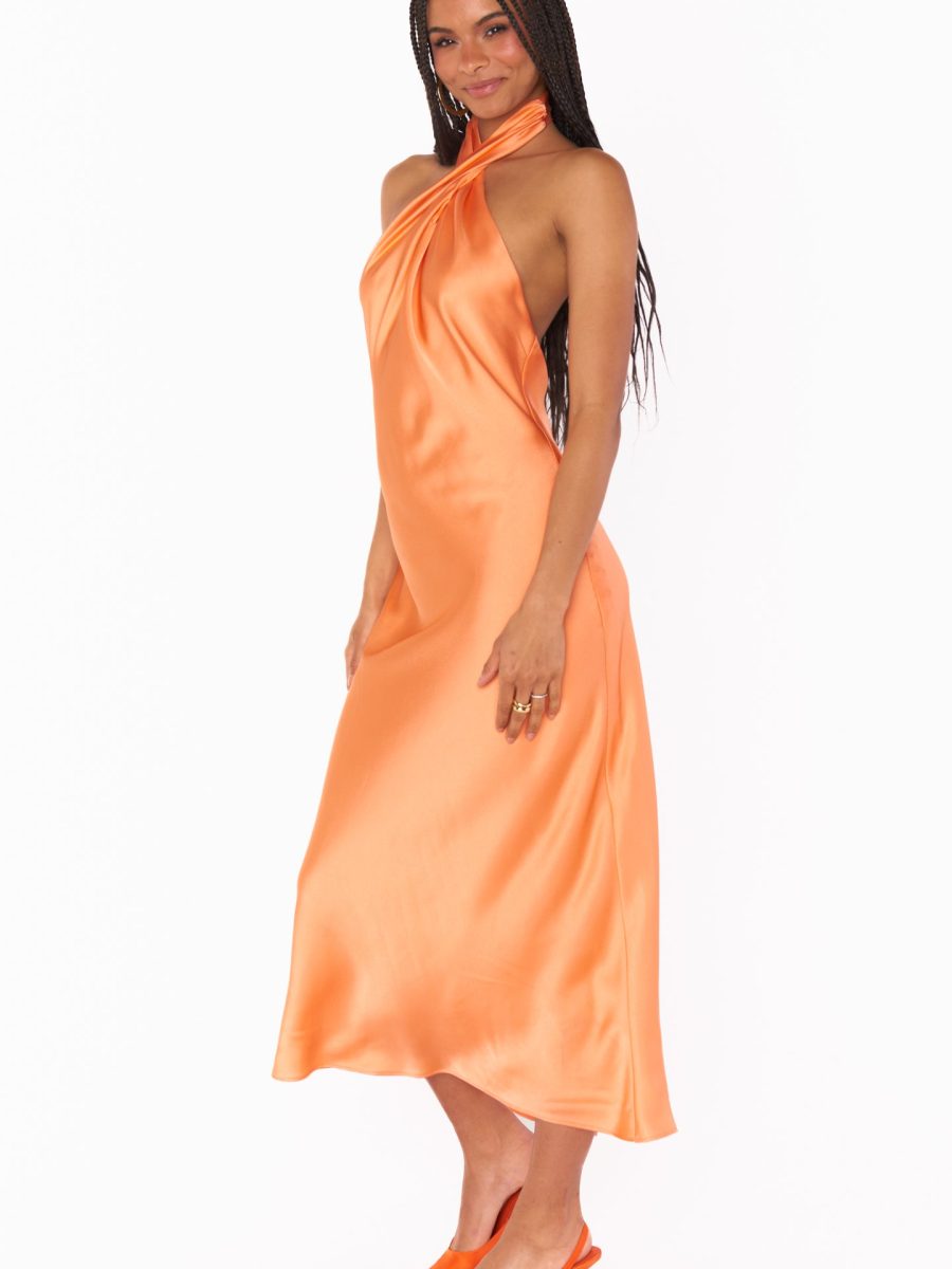 Jasmine Halter Midi Dress ~ Cantaloupe Luxe Satin