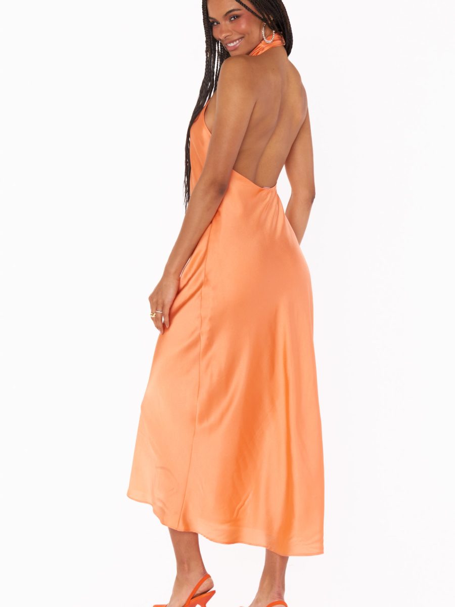 Jasmine Halter Midi Dress ~ Cantaloupe Luxe Satin
