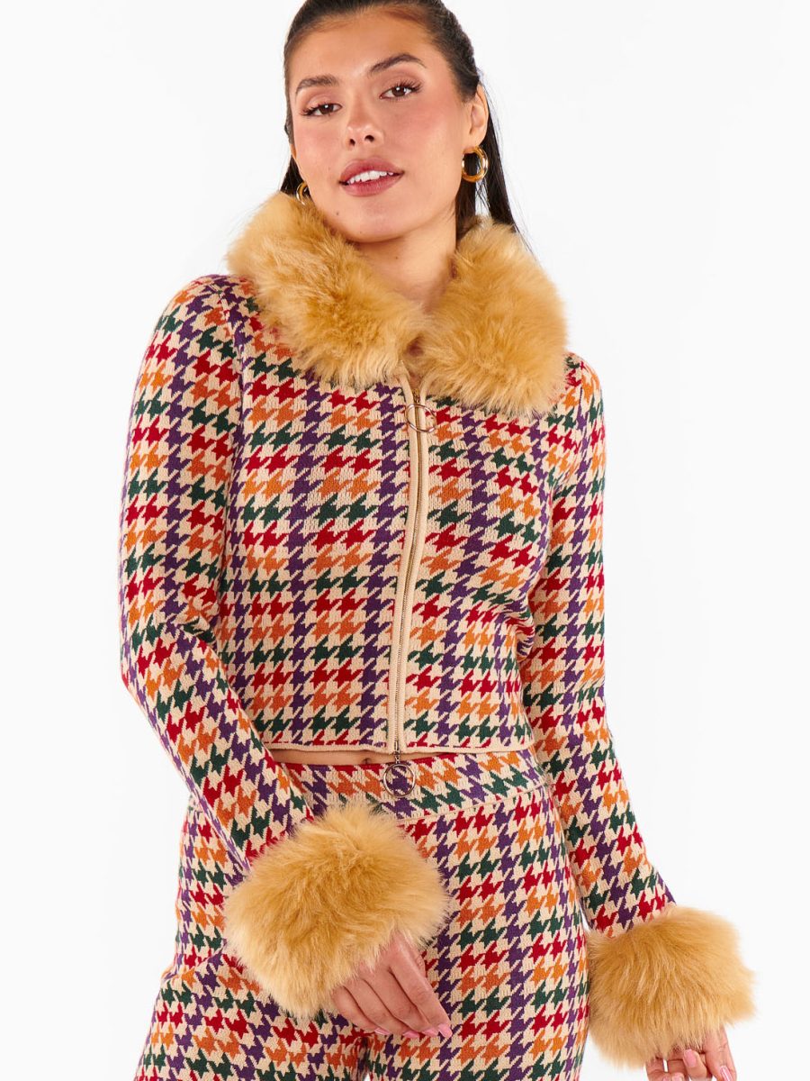 Zermatt Zip Up ~ Valley Houndstooth Faux Fur