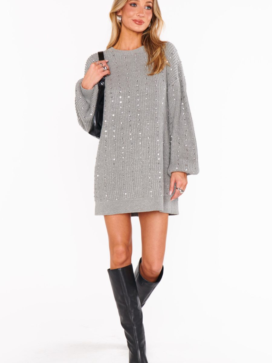 Social Sweater Dress ~ Silver Sequins Knit