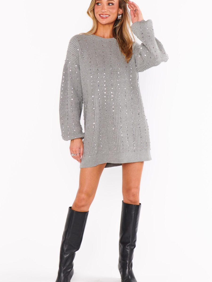 Social Sweater Dress ~ Silver Sequins Knit