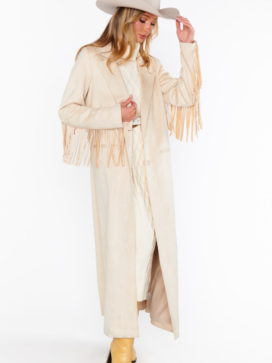 Sierra Fringe Maxi Jacket ~ Cream Faux Suede