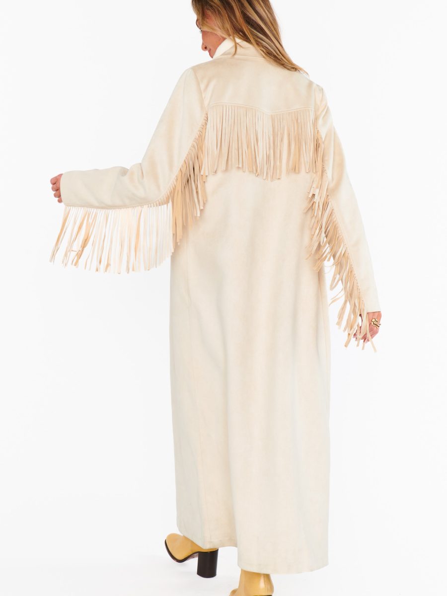 Sierra Fringe Maxi Jacket ~ Cream Faux Suede