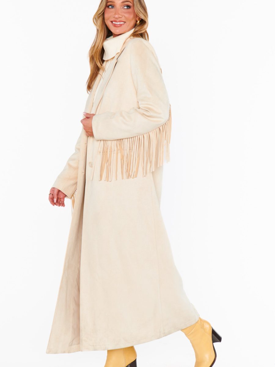Sierra Fringe Maxi Jacket ~ Cream Faux Suede