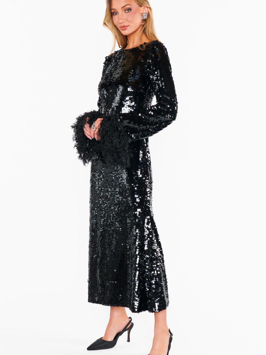 Priscilla Dress ~ Black Sequins with Fringe