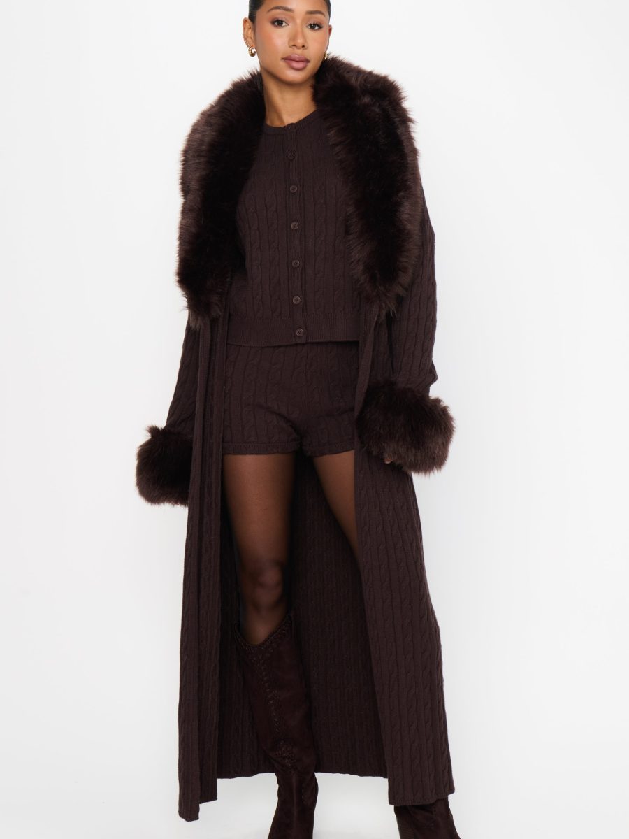 Stormi Cardigan ~ Chocolate Cable Knit with Faux Fur