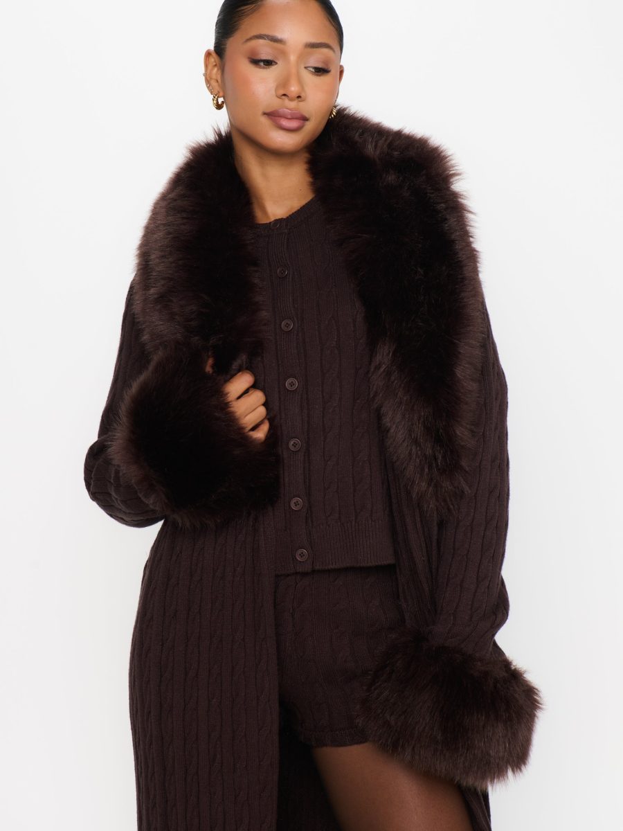 Stormi Cardigan ~ Chocolate Cable Knit with Faux Fur