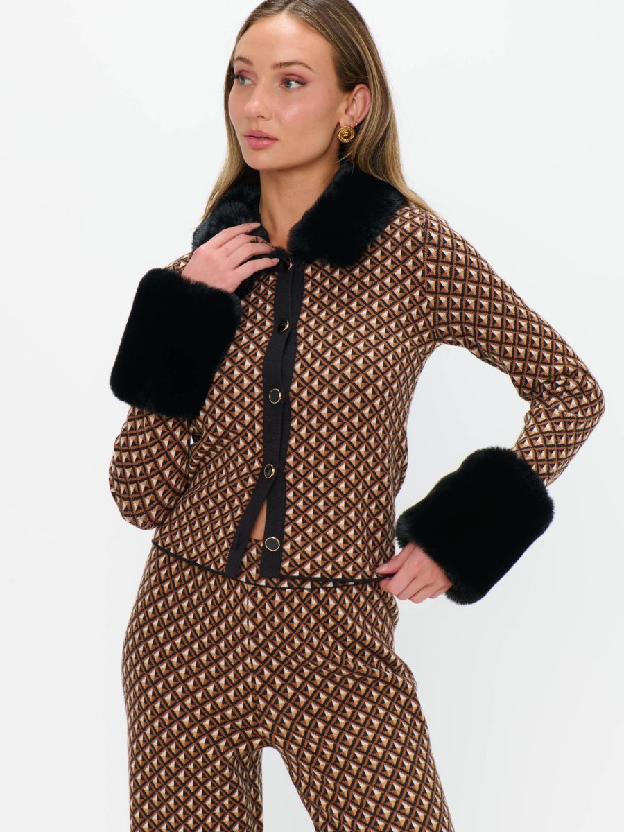 Chateau Cardigan ~ Carmel Geo Knit with Faux Fur