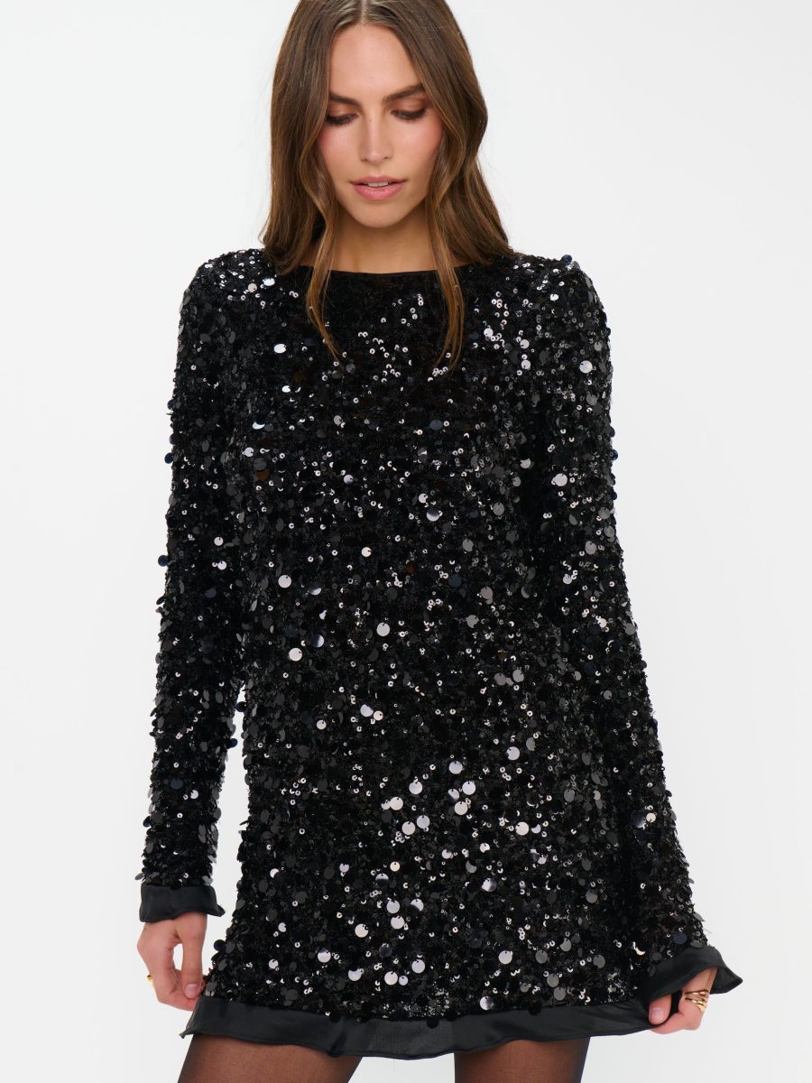 Maddison Ruffle Dress ~ Black Metallic Sequins