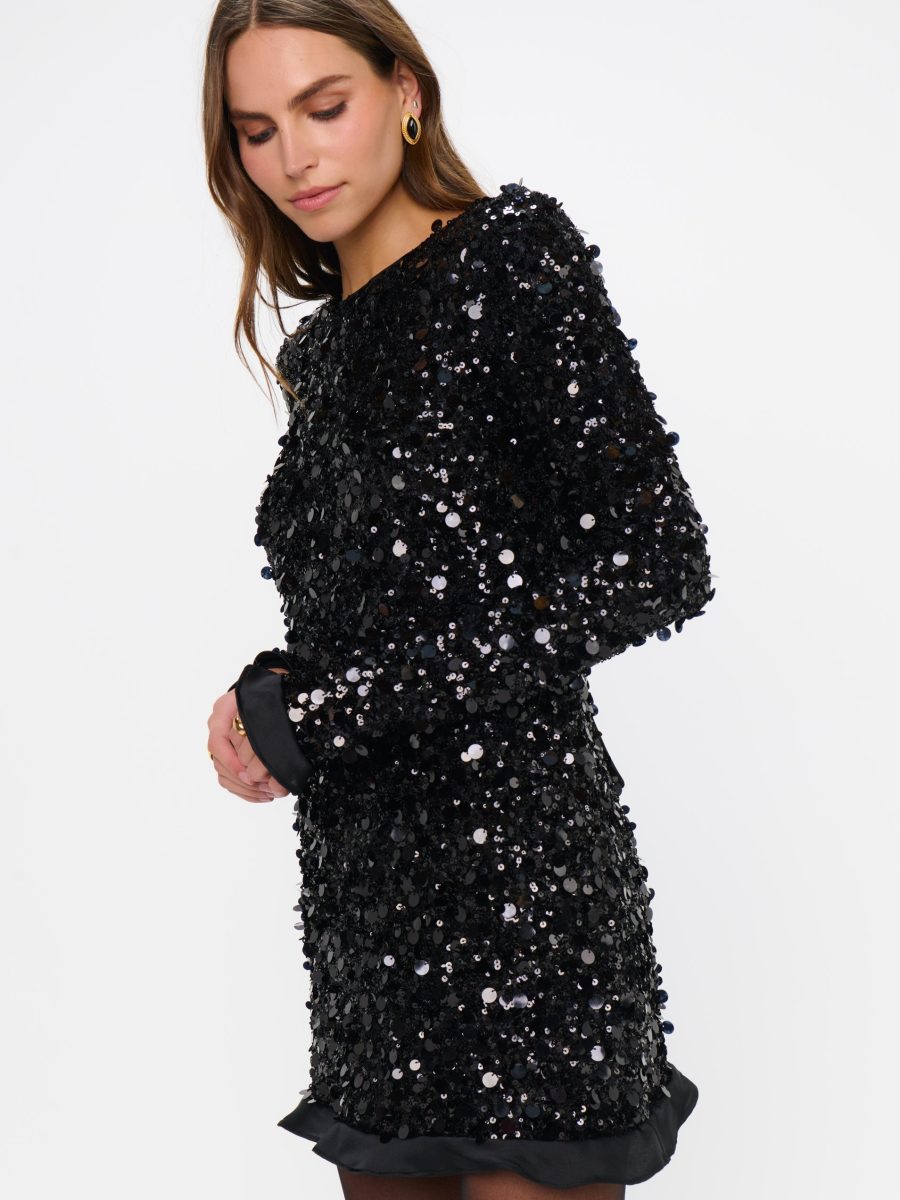 Maddison Ruffle Dress ~ Black Metallic Sequins