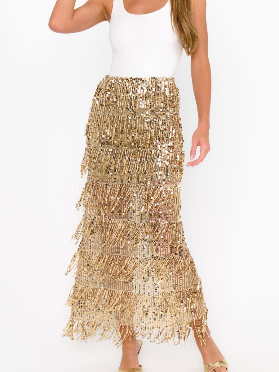 Sadie Maxi Dress ~ White Rib With Gold Sequins