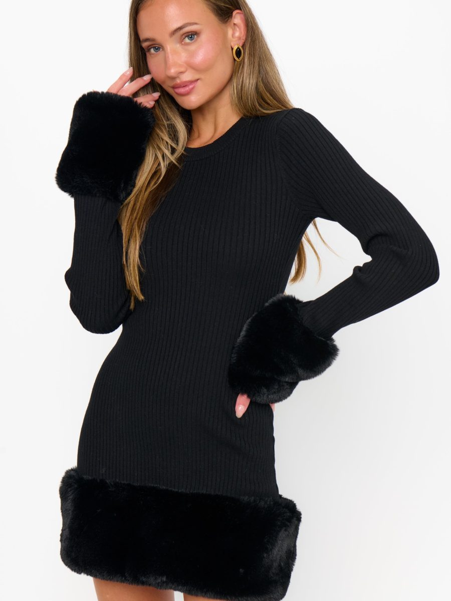 Drescher Mini Dress ~ Black Knit with Faux Fur