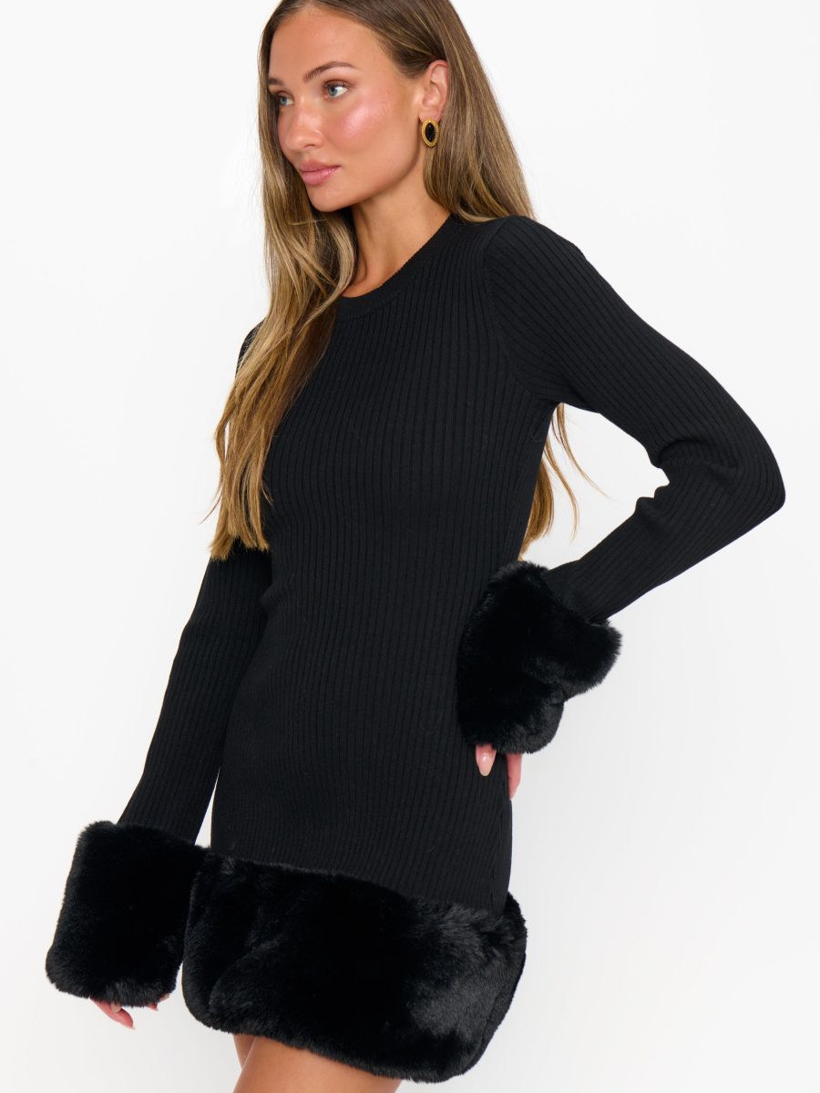 Drescher Mini Dress ~ Black Knit with Faux Fur