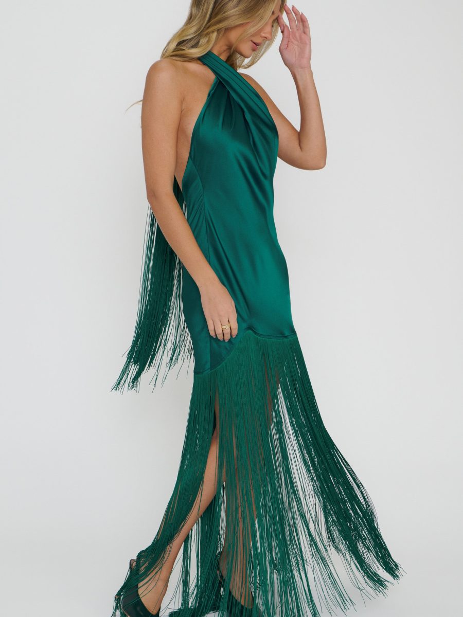 Jasmine Fringe Maxi Dress ~ Emerald Luxe Satin