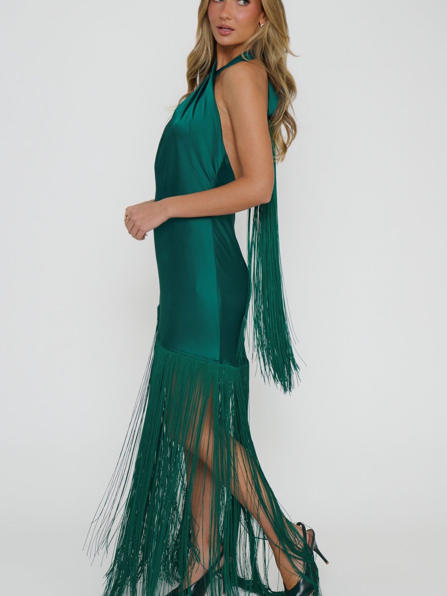 Jasmine Fringe Maxi Dress ~ Emerald Luxe Satin