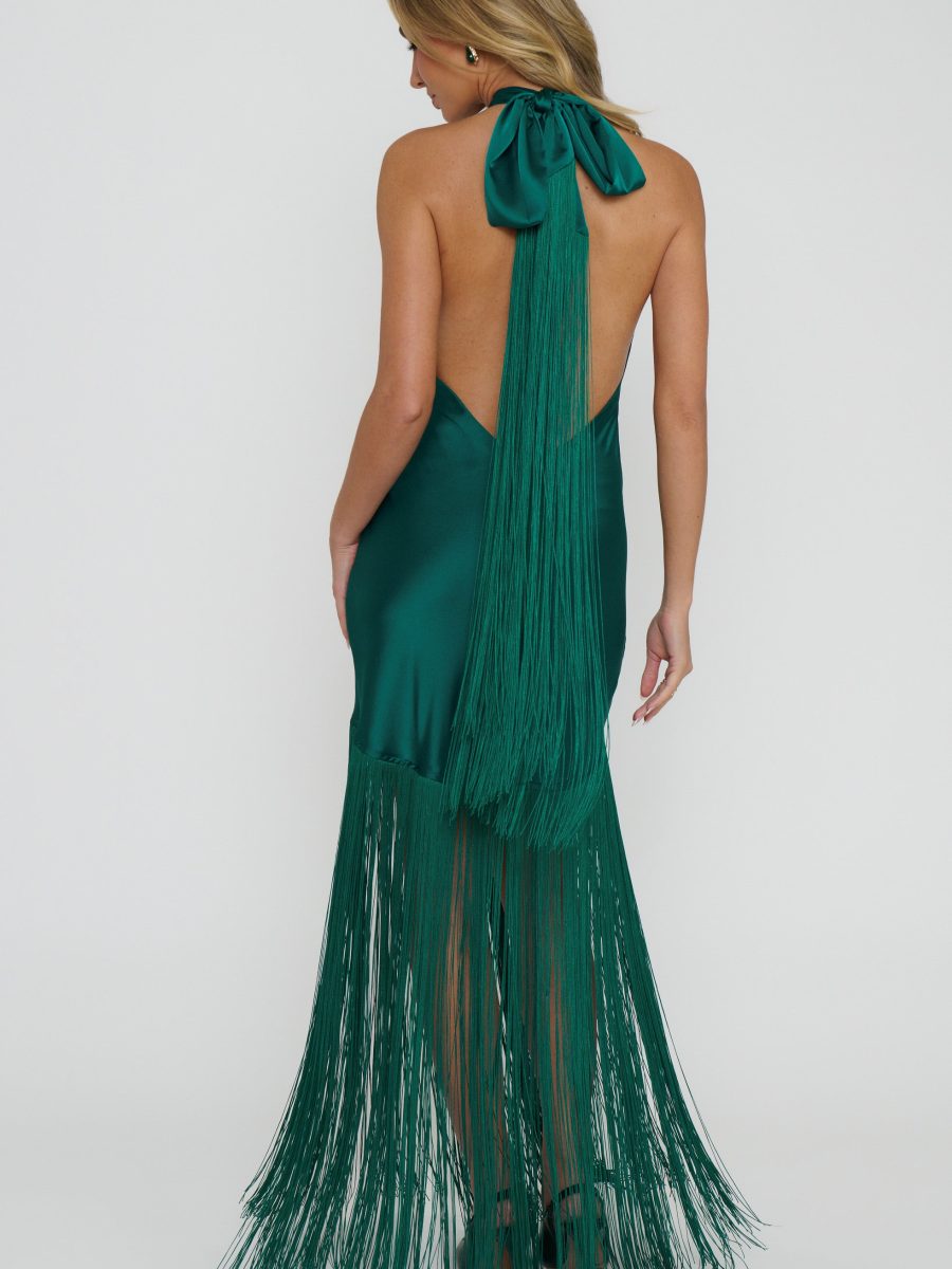 Jasmine Fringe Maxi Dress ~ Emerald Luxe Satin