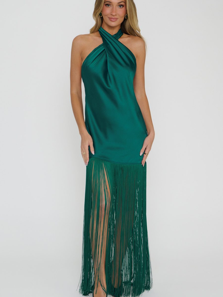 Jasmine Fringe Maxi Dress ~ Emerald Luxe Satin