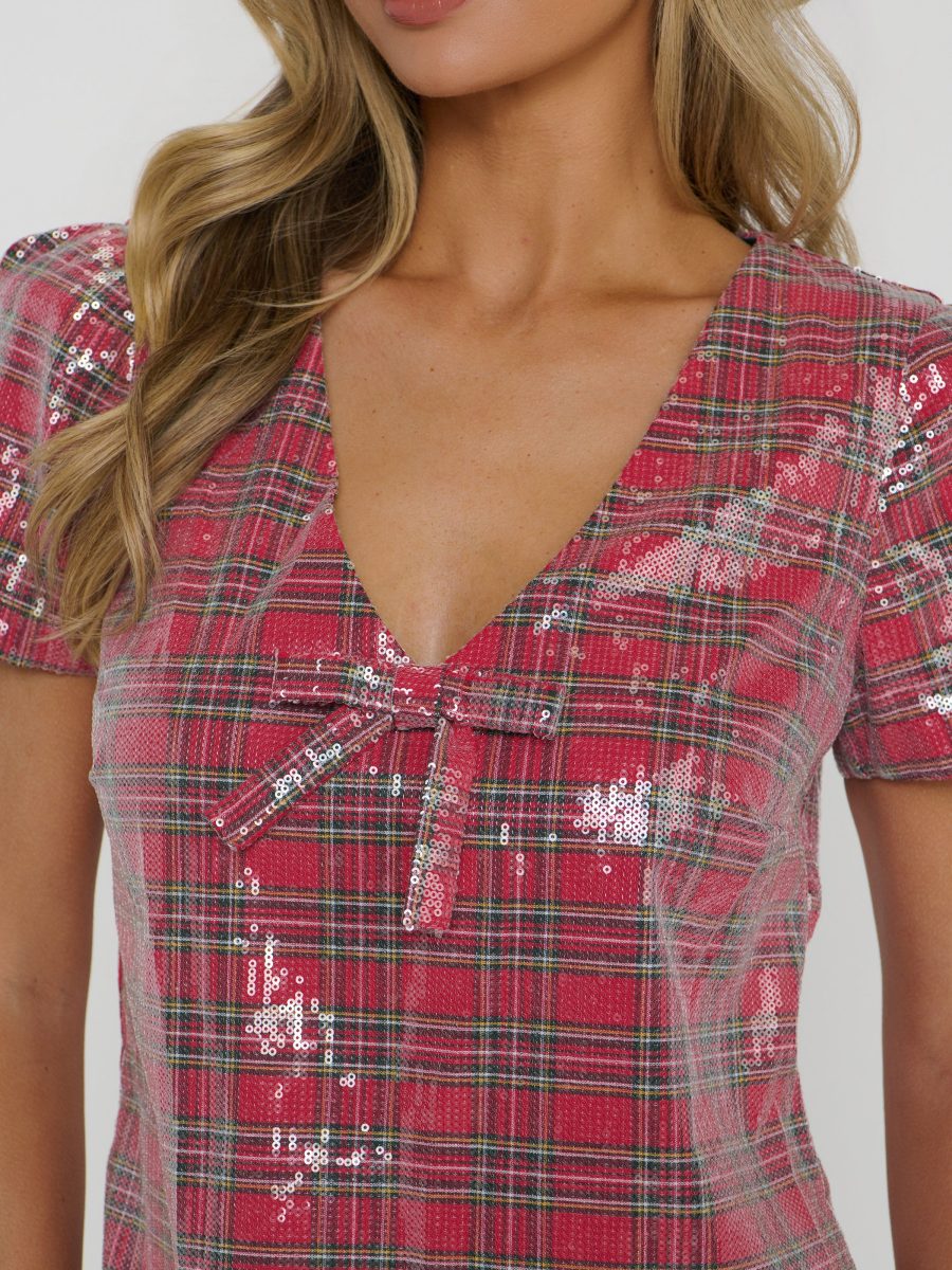 Jeanette Dress ~ Red Plaid Sequins