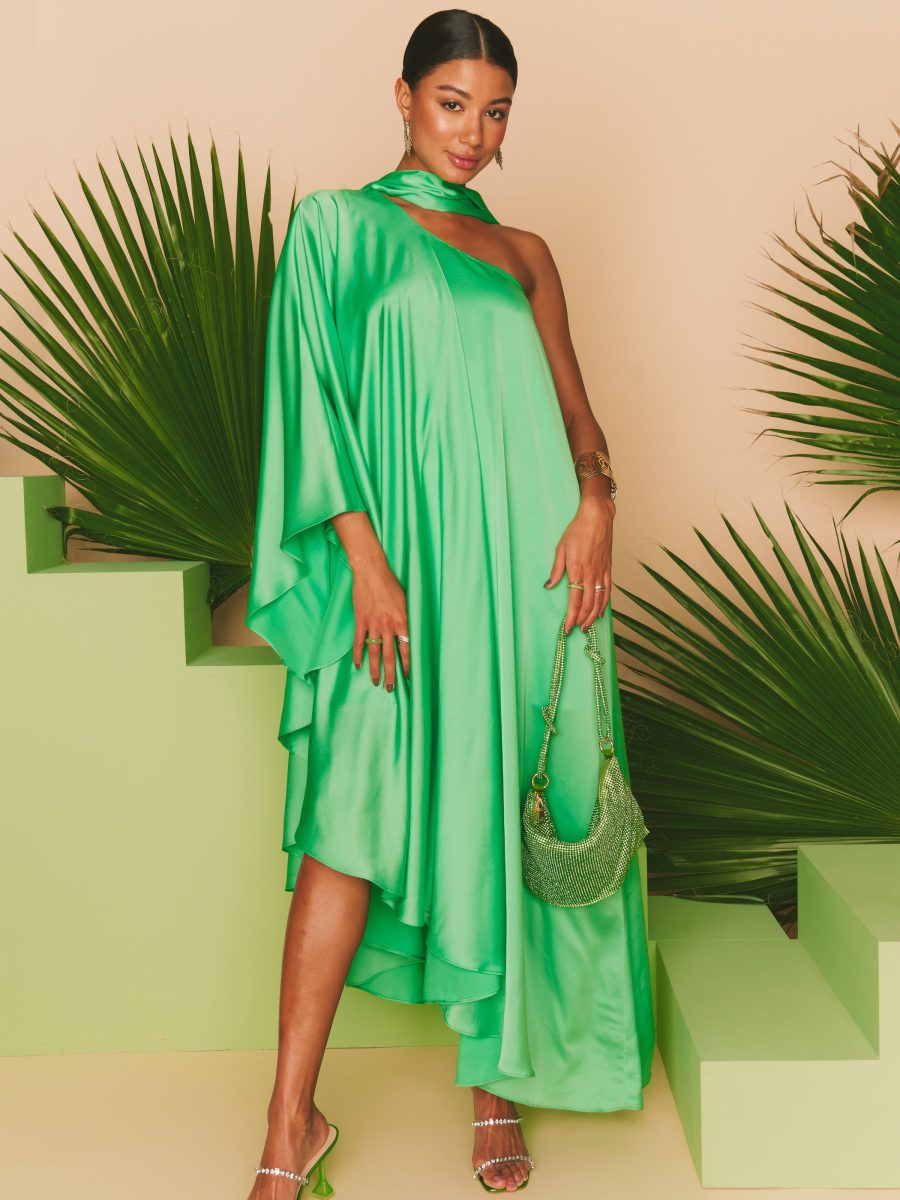 Rhea One Shoulder Dress ~ Kiwi Luxe Satin