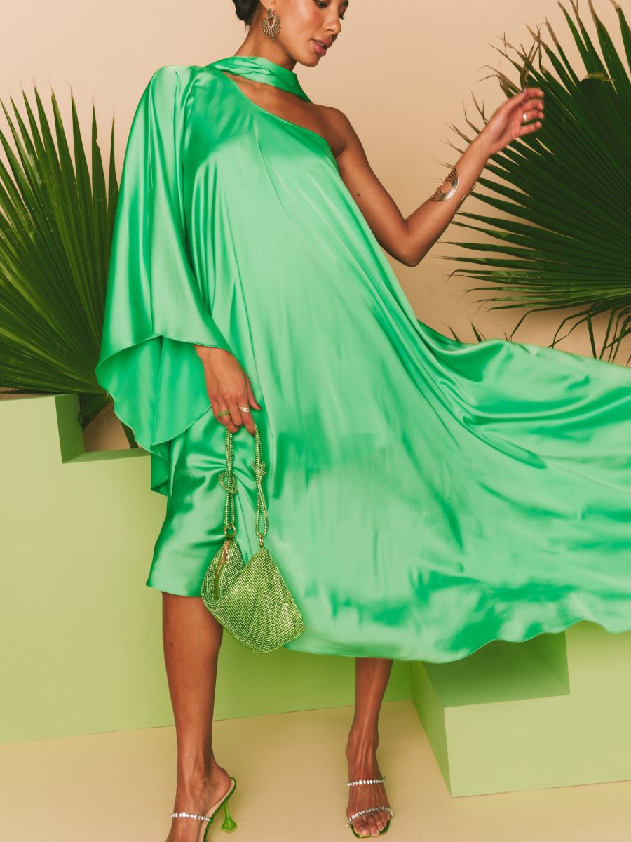 Rhea One Shoulder Dress ~ Kiwi Luxe Satin