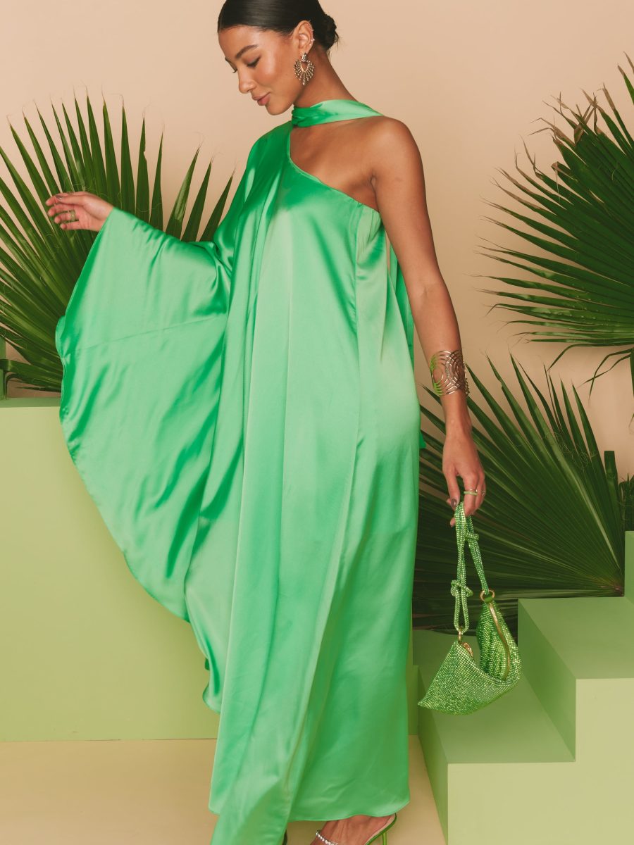 Rhea One Shoulder Dress ~ Kiwi Luxe Satin