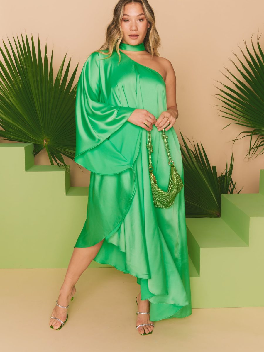 Rhea One Shoulder Dress ~ Kiwi Luxe Satin