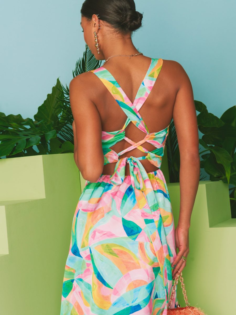 Mina Midi Dress ~ Tropicana Burst Luxe Satin