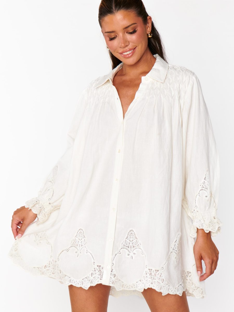 Leona Mini Dress ~ White Lace Embroidery