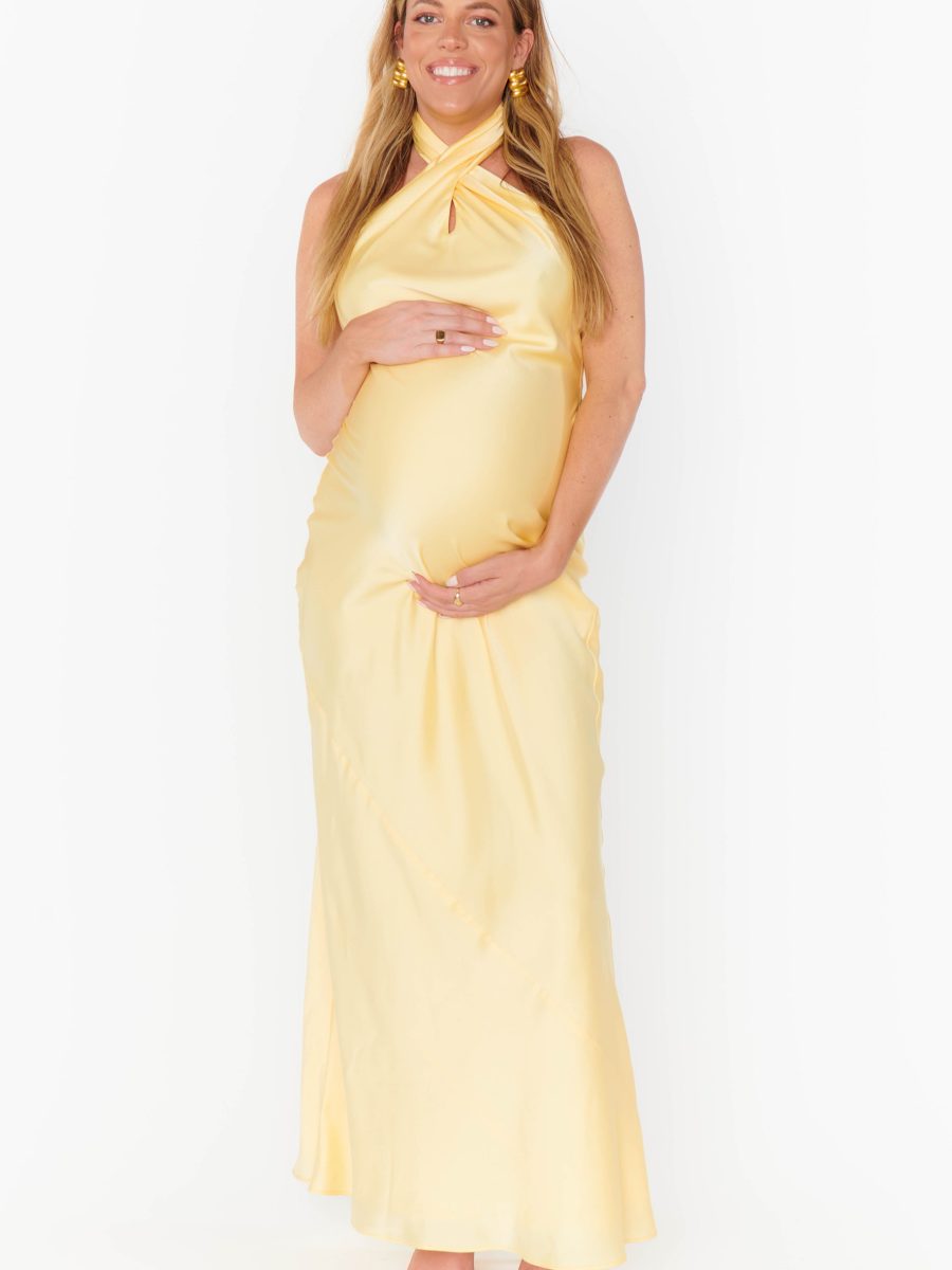 Jasmine Halter Maxi Dress ~ Pale Yellow Luxe Satin