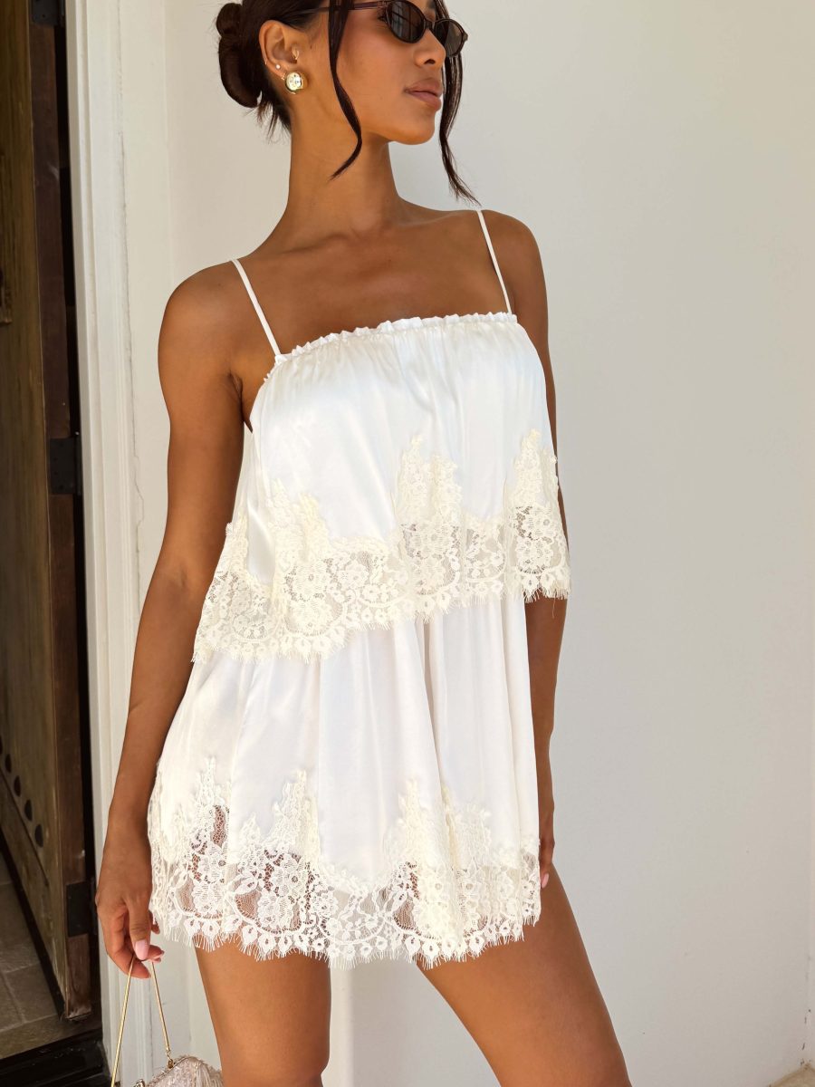 Emmylou Mini Dress ~ Ivory Satin with Lace Trim