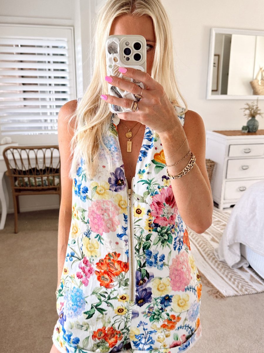 Reno Romper ~ Ivory Botanical Floral Denim