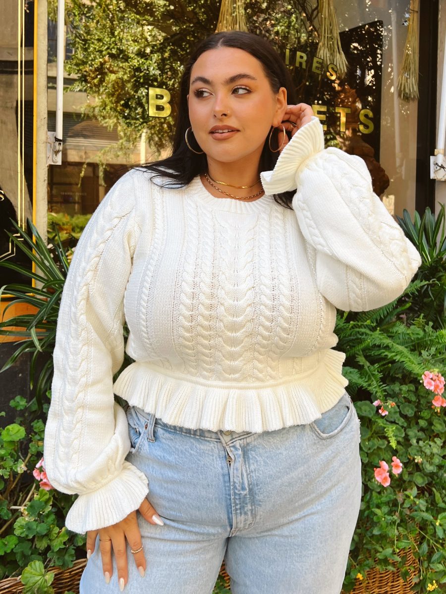 Ridley Ruffle Sweater ~ Cream Cable Knit