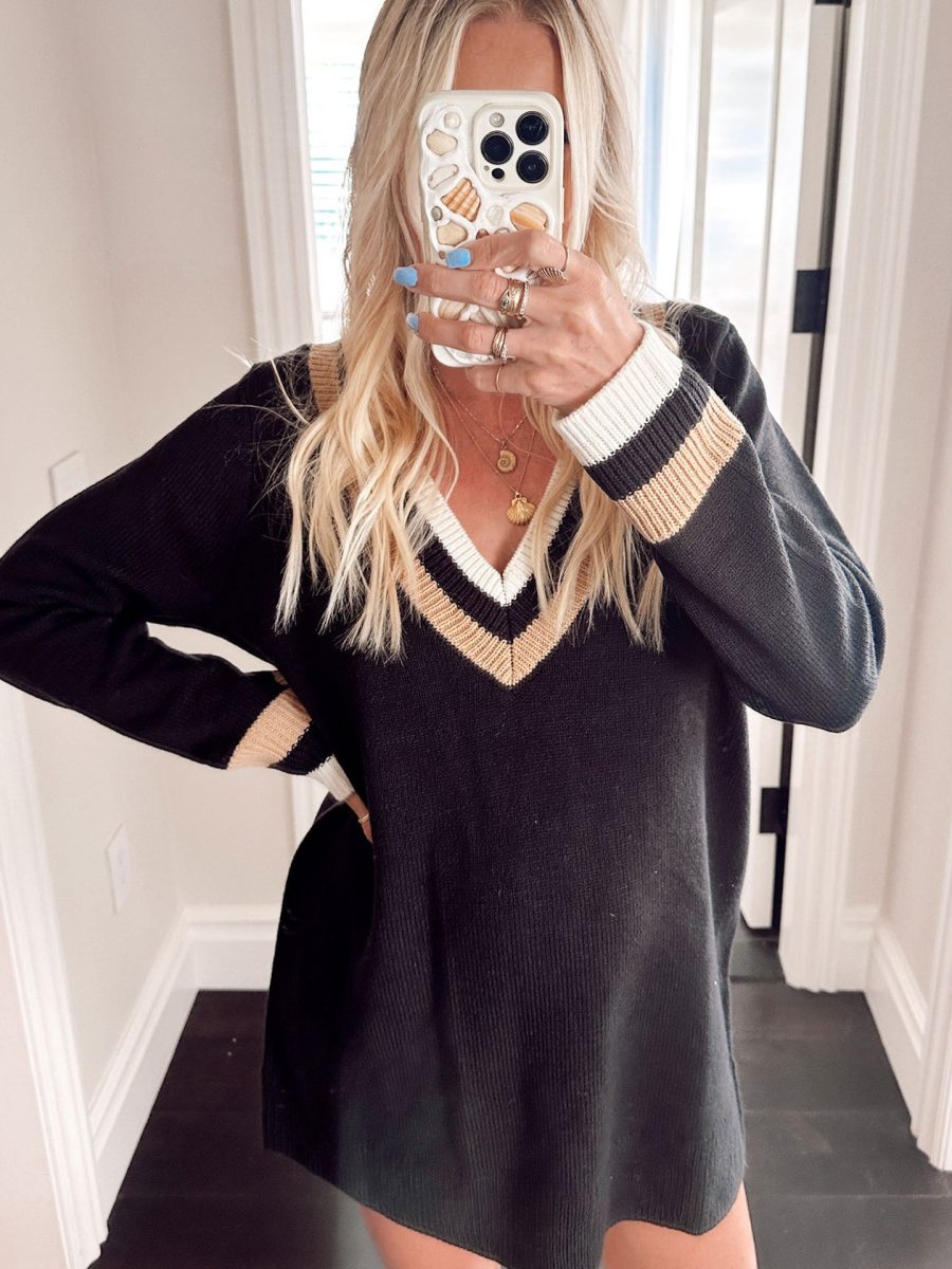 Hartford Sweater Dress ~ Black Varsity Stripe Knit