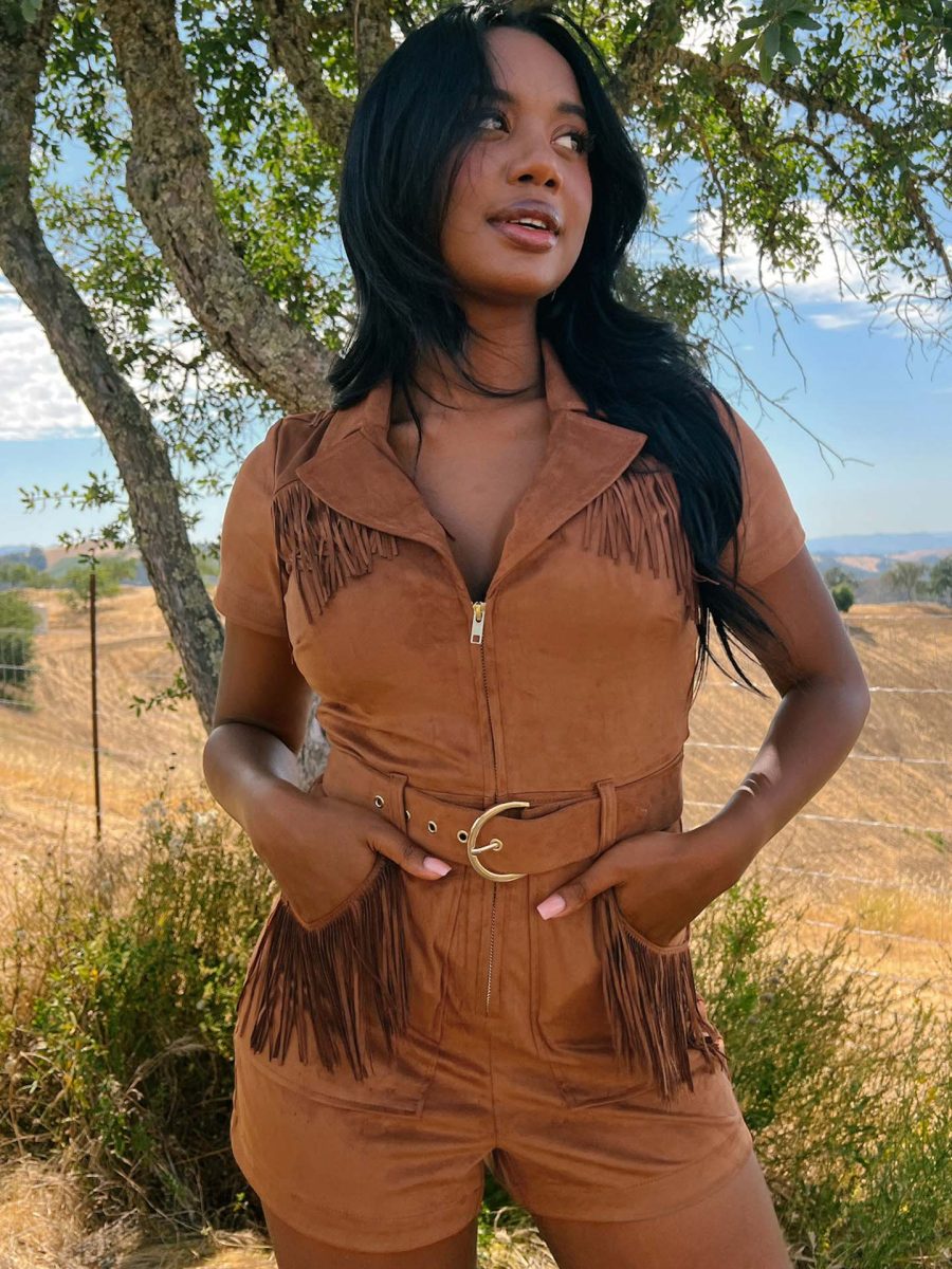 Outlaw Romper ~ Cognac Fringe Faux Suede