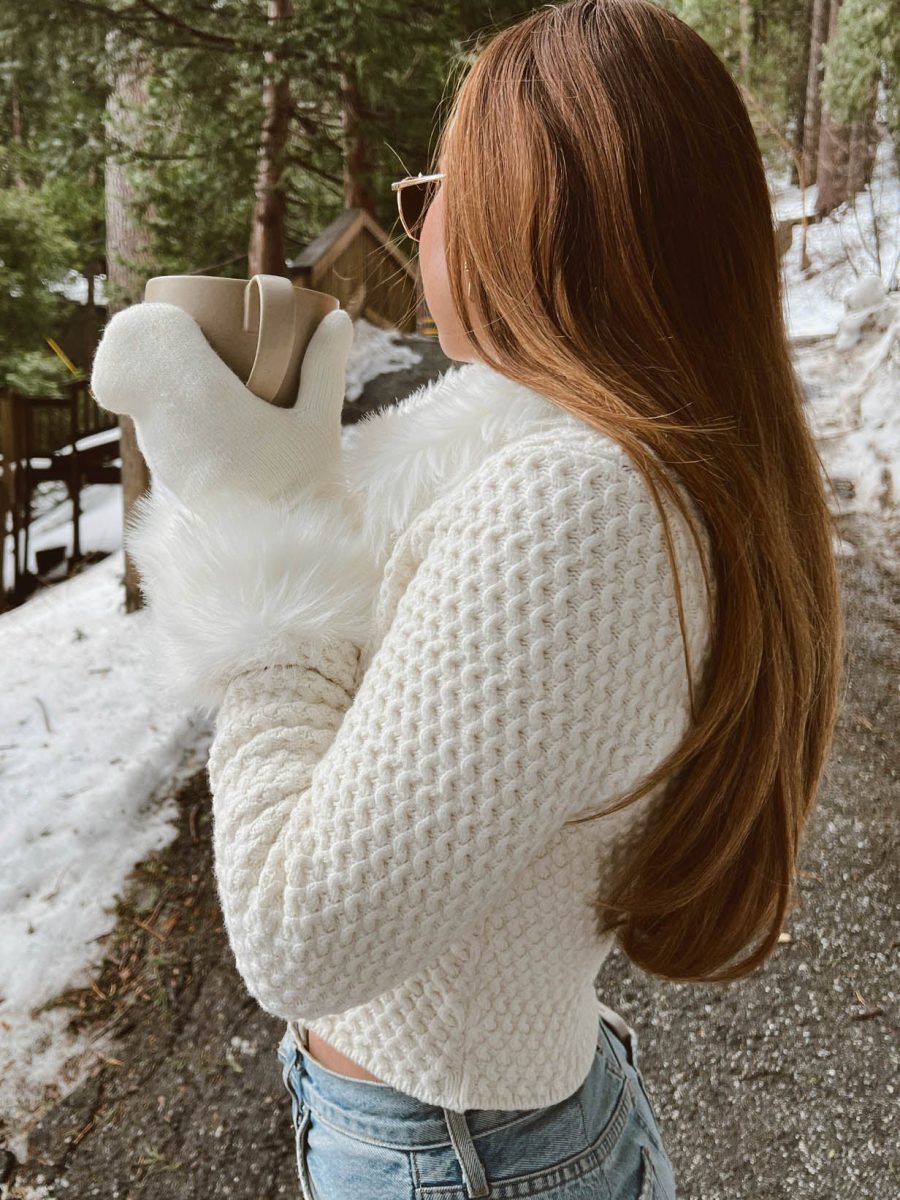 Zermatt Zip Up ~ White Pebble Knit with Faux Fur