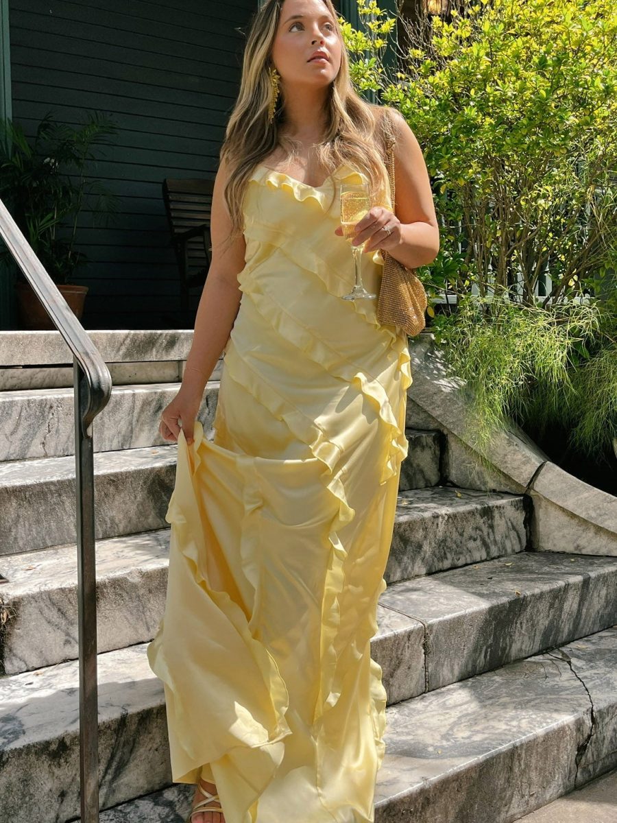 Romance Ruffle Dress ~ Pale Yellow Luxe Satin