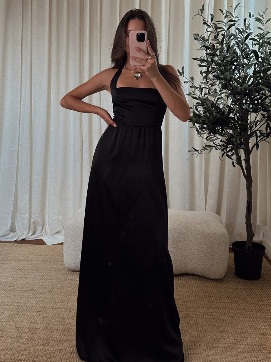 Hazel Halter Maxi Dress ~ Black Luxe Satin