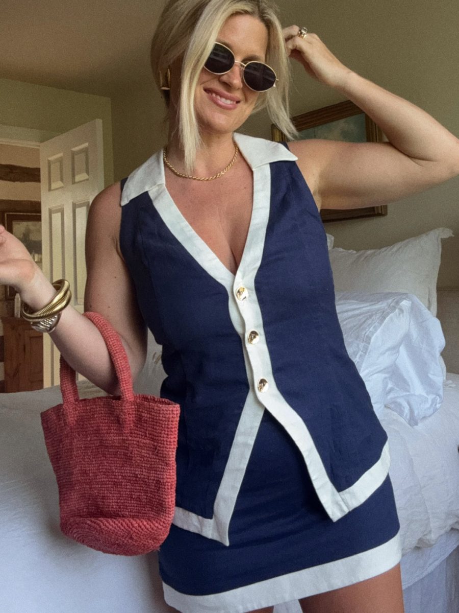 Colby Vest Top ~ Navy and White Linen