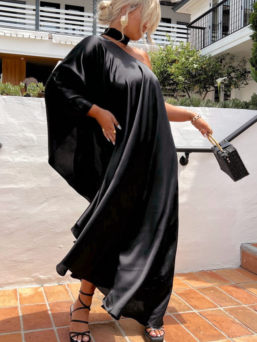Rhea One Shoulder Dress ~ Black Luxe Satin