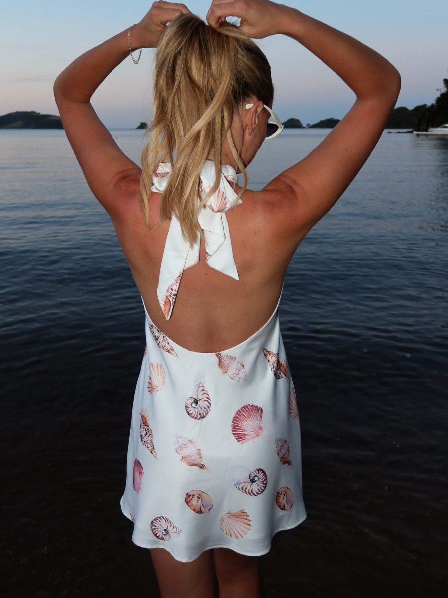 Jasmine Tie Mini Dress ~ White Shell Luxe Satin