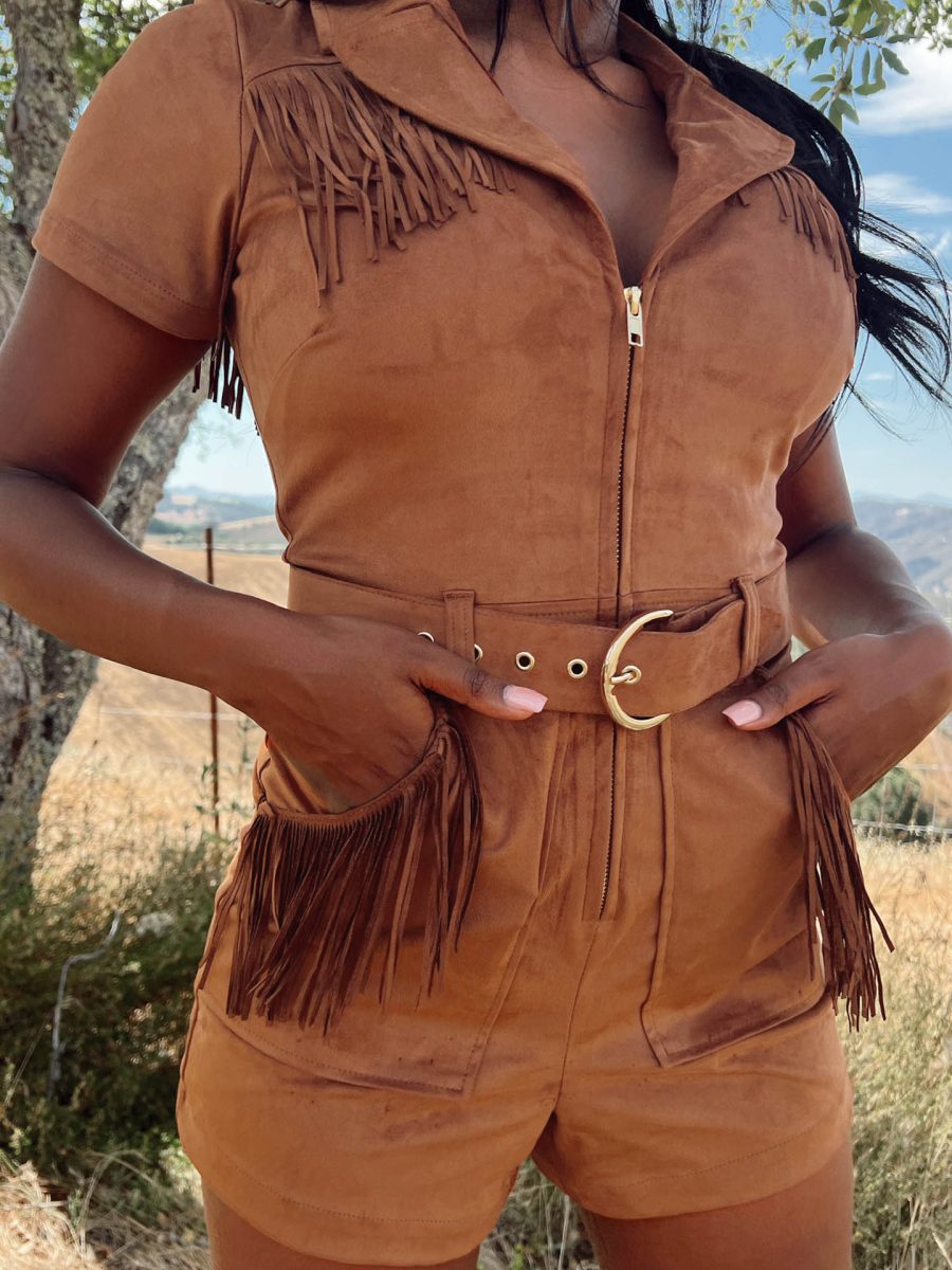 Outlaw Romper ~ Cognac Fringe Faux Suede