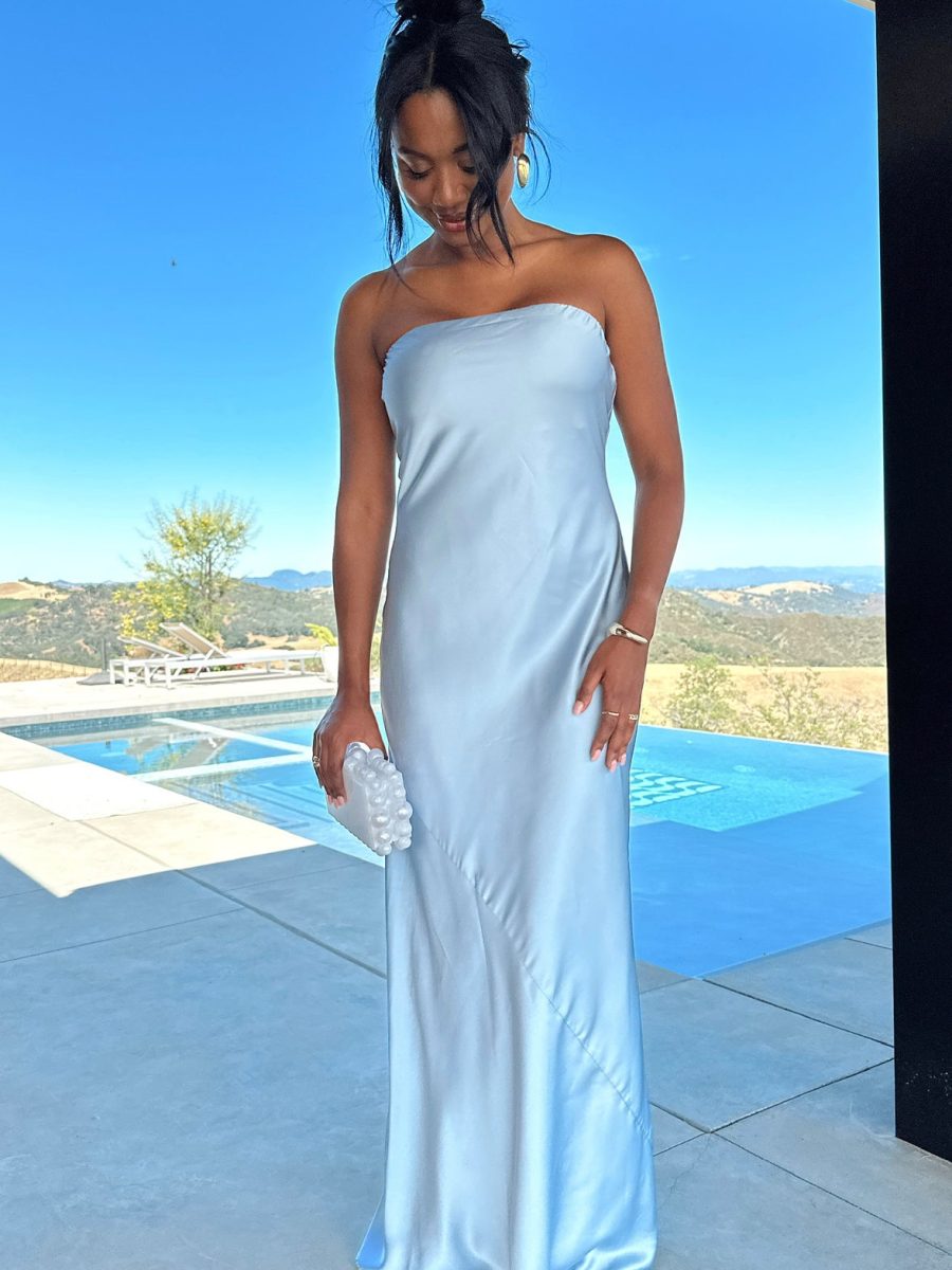 Taylor Tube Maxi Dress ~ Steel Blue Luxe Satin