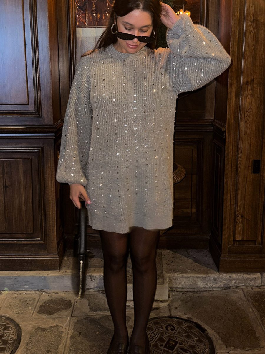 Social Sweater Dress ~ Silver Sequins Knit