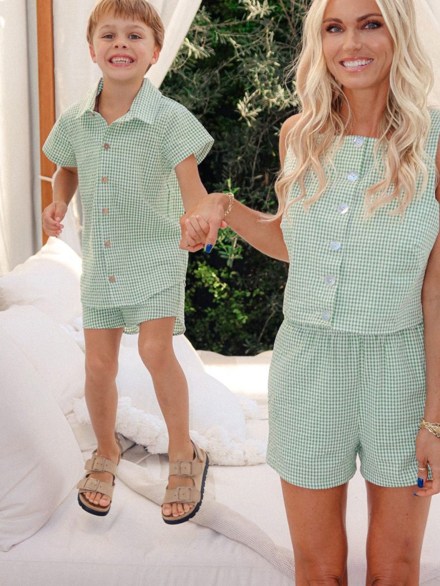 Lil Button Up Shirt ~ Field Green Gingham