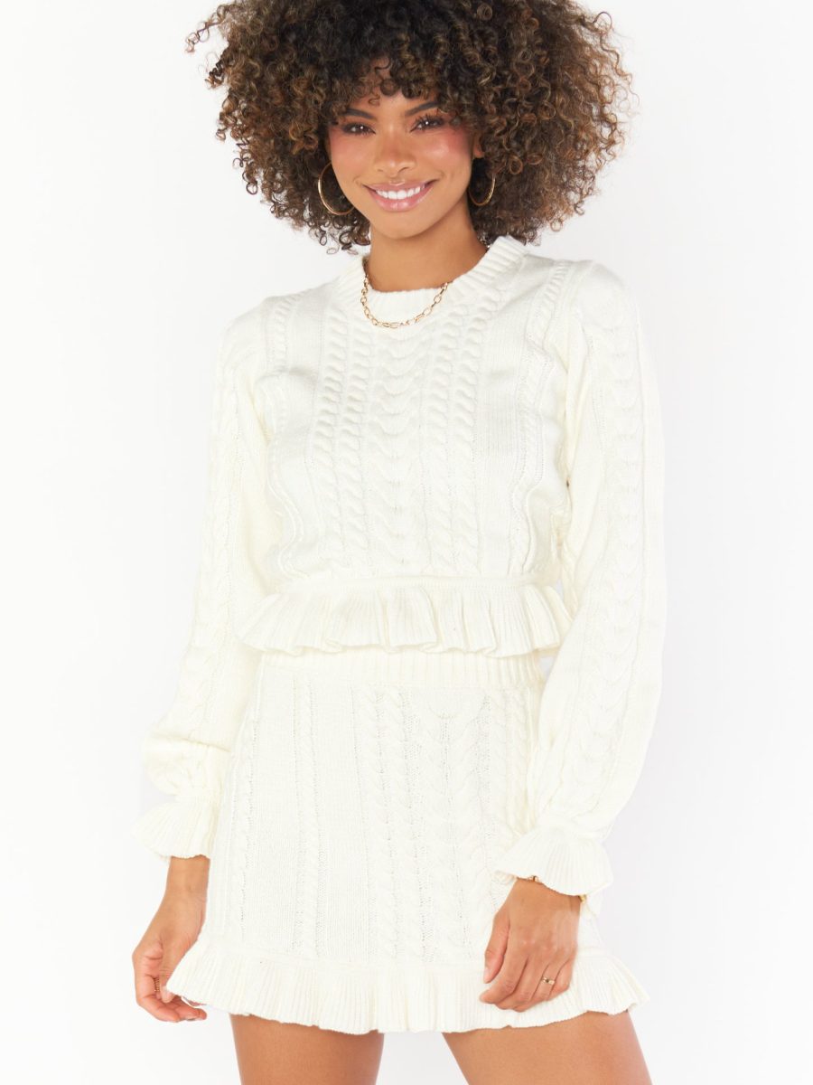Ridley Ruffle Sweater ~ Cream Cable Knit