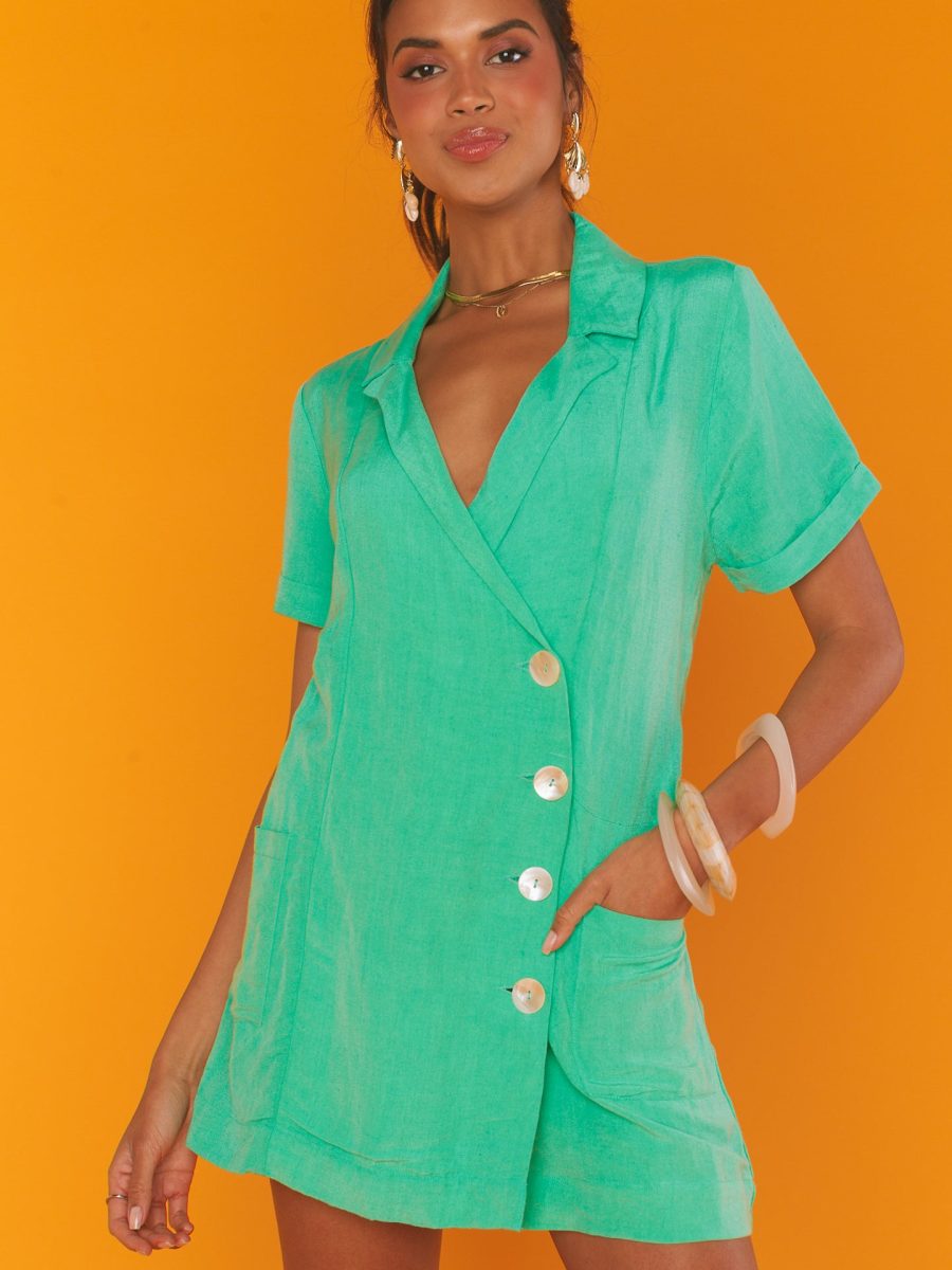Bicoastal Blazer Romper ~ Seafoam Linen